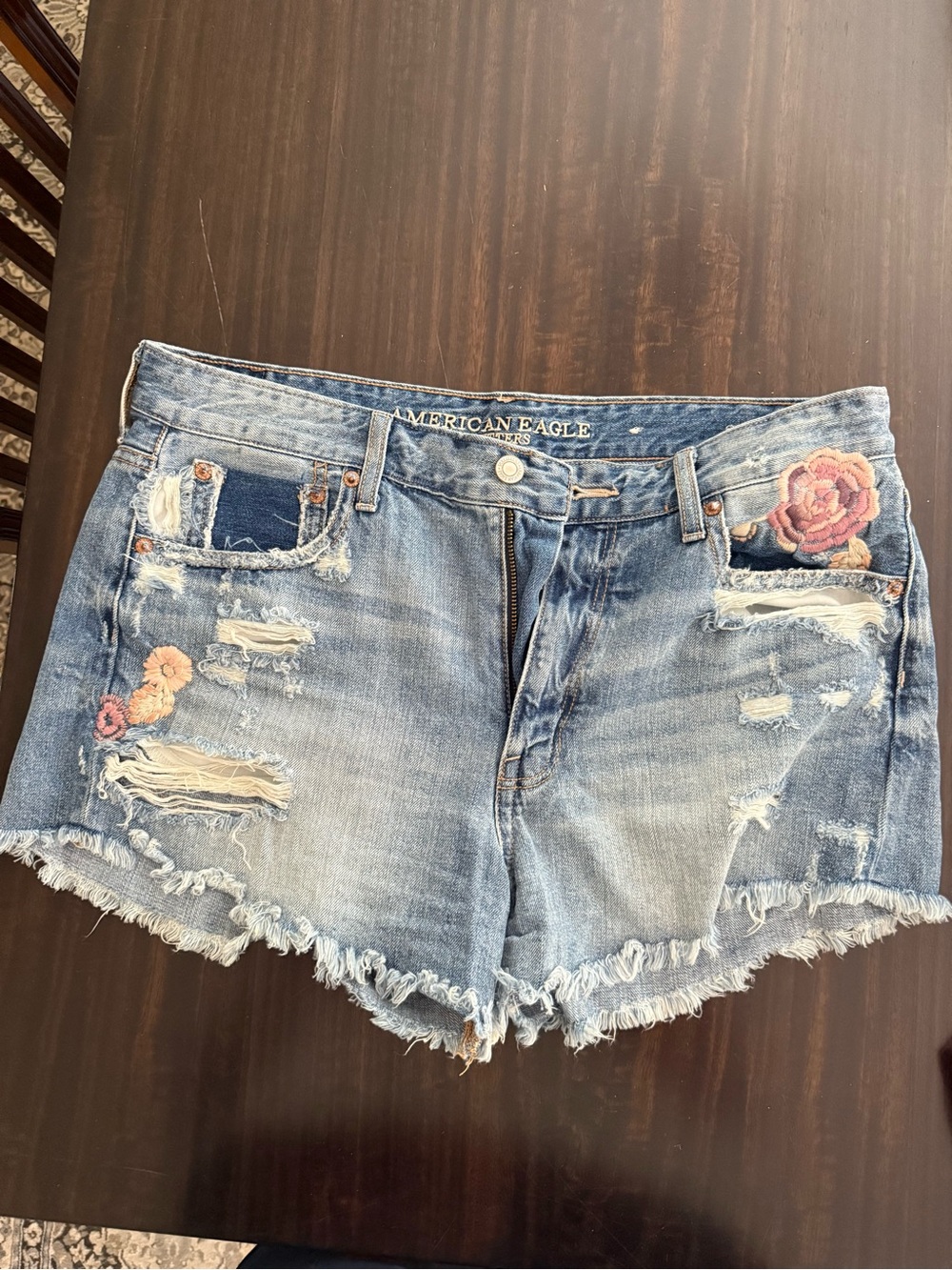 American Eagle Outfitters Distressed Embroidered Light Blue Denim Shorts
